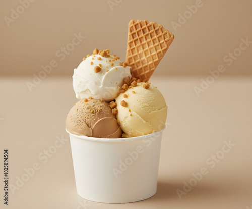 Soft-colored gelato displayed beautifully in a cup with crispy waffle.