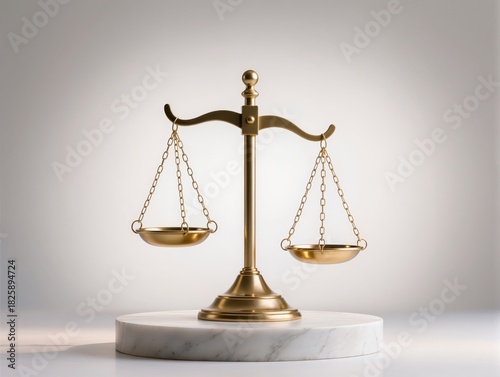 Golden Balance Scales Of Justice On Marble Pedestal Symbolizing Fairness And Law. A polished golden balance scales sit centered on a white marble base, conveying justice, fairness, and impartial law. 