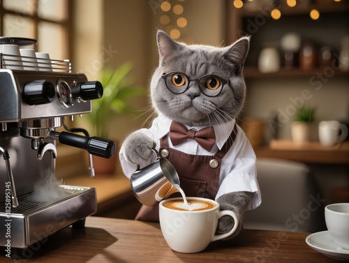 Charming Cat Barista At Cozy Coffee Shop Serving Espresso And Cappuccino With Warm Whimsy. A cute cat wearing a brown apron and hat operates a sleek espresso machine in a cozy cafe, offering.