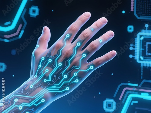 Futuristic Hand With Glowing Circuitry and Microchips, High-Tech Technology Concept for Innovation and AI. A translucent, illuminated hand reveals a central microchip and glowing circuitry.