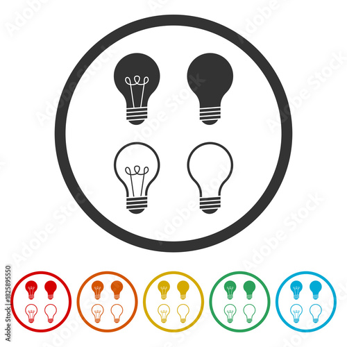 Lamp icon set. Idea lamp icon. Set icons in color circle buttons