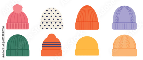Knitted Hats Vector Illustration in Various Colors and Styles, Winter Wear Collection, Cold Season Accessories, Fashionable Winter Headwear, Isolated on White Background