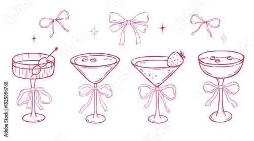 Coquette cocktail glasses, pink bow vector illustrations set, doodle whimsical sketch