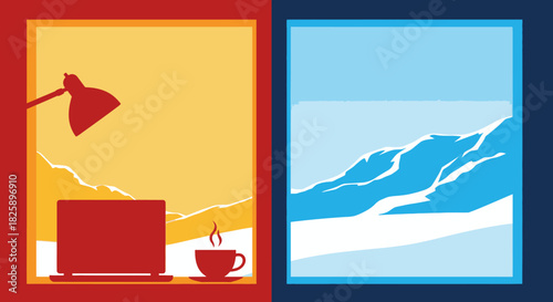 A cozy indoor workspace featuring a warm cup of coffee and a laptop offers a serene contrast to the expansive, snowy mountain landscape visible through the window.