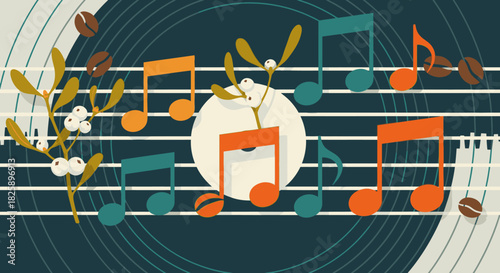 This stylish graphic art blends the soothing sounds of music with the comforting warmth of coffee, adorned with festive winter mistletoe.