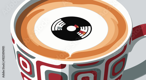 A stylish illustration featuring a warm coffee cup with intricate latte art depicting a classic vinyl record, perfect for a cozy jazz ambiance.