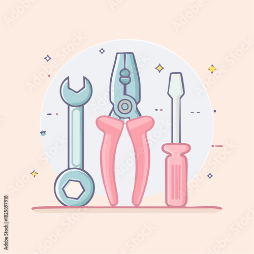 Pixel Art Tools Including Wrench Pliers and Screwdriver on a Pale Peach Background with a Light Gray Circle and Sparkles