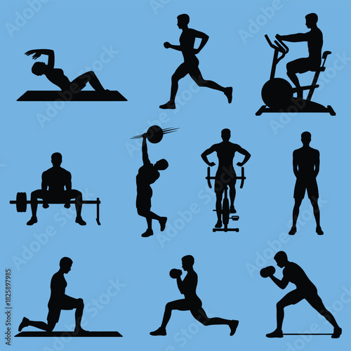 collection of silhouettes depicting various fitness exercises and weight training movements, vector illustration set of gym workouts, strength exercises, body training poses, and athletic motions.