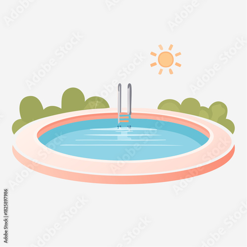 Bright Sunny Day Over A Sparkling Blue Swimming Pool With A Silver Ladder And Lush Green Bushes In The Background On A White Canvas