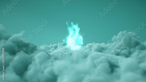 Ethereal teal clouds with a mystical flame rising above, serene atmosphere