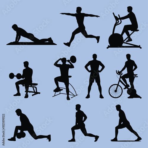 collection of silhouettes depicting various fitness exercises and weight training movements, black human figures showing workout poses, strength training routines, gym activities, and athletic.