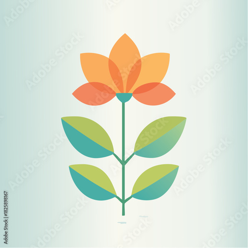 Stylized Orange Flower With Green and Teal Leaves On A Soft Blue Gradient Background