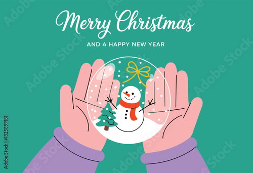 Hands Holding Christmas Glass Ball With Festive Scene, Warm Holiday Greeting Card Design Featuring Merry Christmas And Happy New Year Message, Elegant Seasonal Artwork