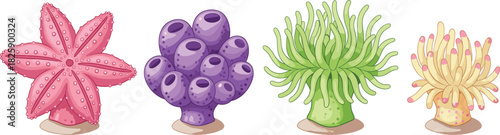 Colorful Tropical Marine Life Vector Illustration Set Featuring Pink Starfish, Purple Sponge Coral, and Green and Yellow Sea Anemone for Underwater Themes.
