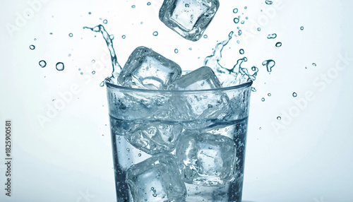 Ice Cubes Splashing into Water in a Glass