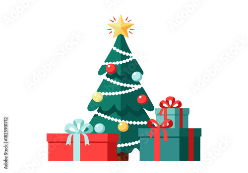 Festive Christmas tree illustration with beautifully wrapped gift boxes, symbolizing joy and holiday spirit and seasonal celebration