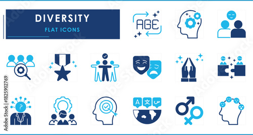A set of flat icons related to Diversity. Age, gender, color, race, award, mentality, together, common, respect, language, social moral and values, and so on.