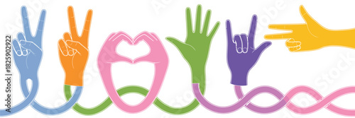 Long Cartoon Hands Showing Positive Gestures Including Thumbs Up, Victory, Heart, And OK Signs, Flexible Bright Arms Depicted In Playful Expressive Style, Clean Modern Vector Illustration Set