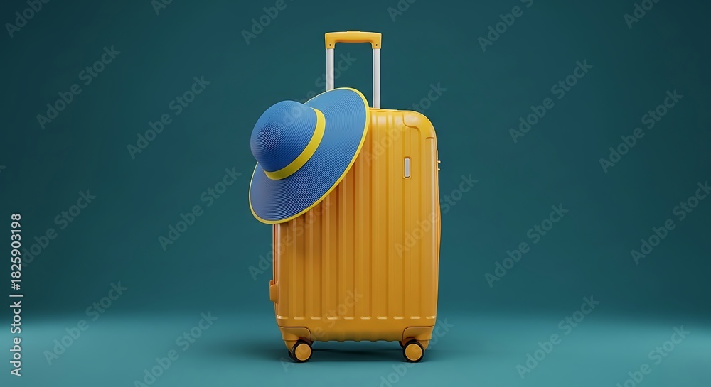 Obraz premium Bright yellow suitcase with a blue and yellow hat on a teal background