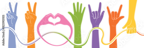 Long Cartoon Hands Showing Positive Gestures Including Thumbs Up, Victory, Heart, And OK Signs, Flexible Bright Arms Depicted In Playful Expressive Style, Clean Modern Vector Illustration Set