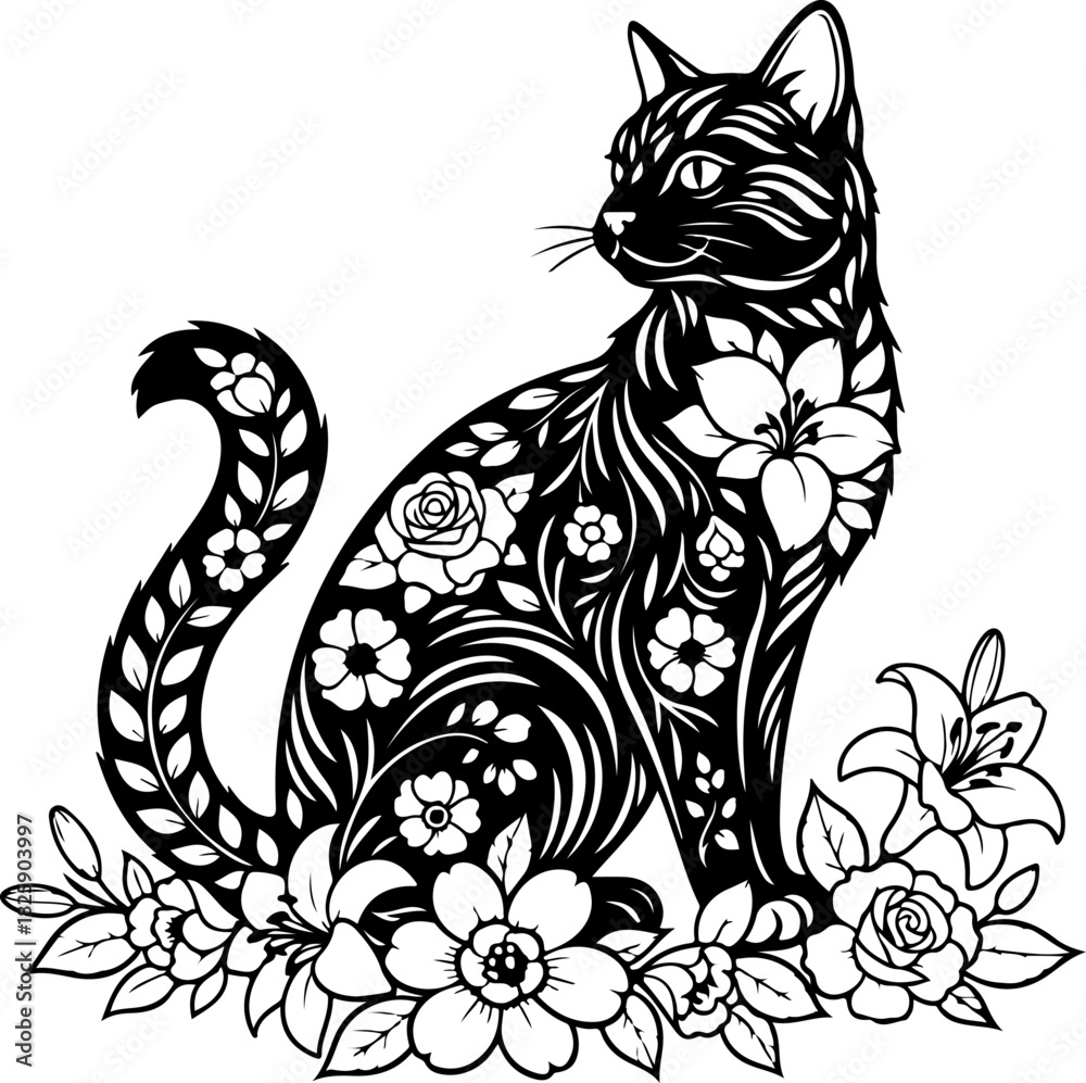 Obraz premium Floral Decorative Cat Silhouette – Elegant Patterned Feline Vector Art