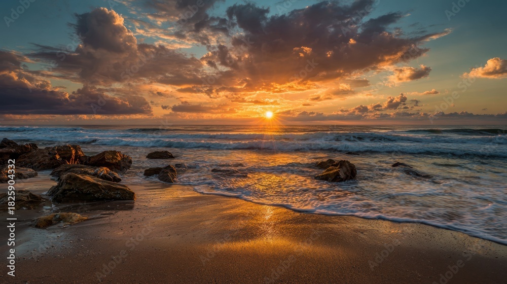 Obraz premium The sun sets over the ocean casting warm colors across the sky and reflecting on the water. Gentle waves lap at the sandy beach creating a serene atmosphere during twilight.