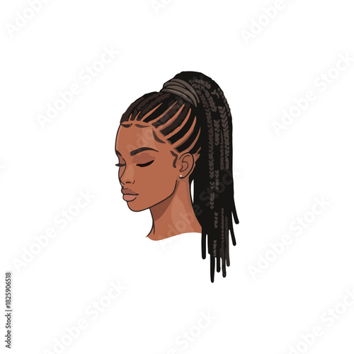 Illustration of a beautiful dark-skinned woman with braided hair in a high ponytail, eyes closed, in profile.