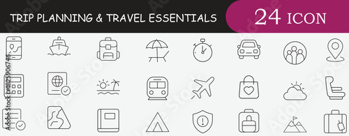 Trip Planning Outline Icon Set. Containing essential travel, vacation, booking, transport, and map symbols. Editable vector icon for tourism apps, design, and agency websites