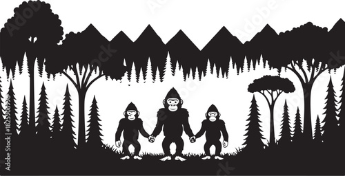 Bigfoot Family Mountain Scene Silhouette – Sasquatch Forest Adventure Art