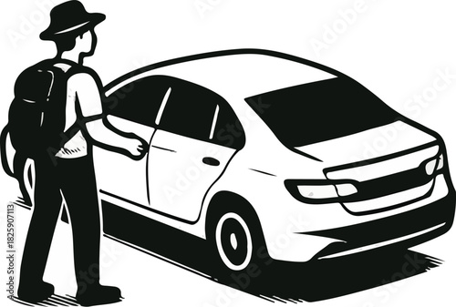 traveler standing next to car, adventurer with backpack car side illustration