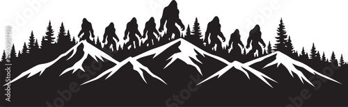 Bigfoot Family Mountain Scene Silhouette – Sasquatch Forest Adventure Art