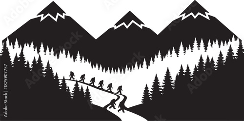 Bigfoot Family Mountain Scene Silhouette – Sasquatch Forest Adventure Art
