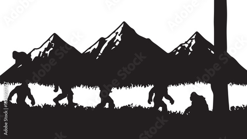Bigfoot Family Mountain Scene Silhouette – Sasquatch Forest Adventure Art