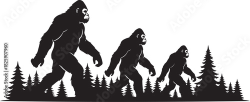 Bigfoot Family Mountain Scene Silhouette – Sasquatch Forest Adventure Art