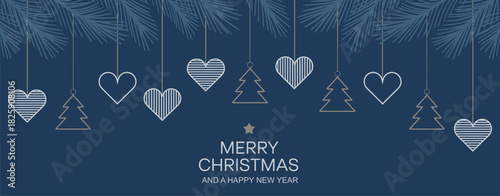 Merry Christmas Card With Hanging Decorations In Tree And Heart Shapes, Elegant Holiday Elements Designed For Festive Seasonal Greetings, Warm Winter Theme Presented In Clean Detailed