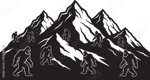 Bigfoot Family Mountain Scene Silhouette – Sasquatch Forest Adventure Art
