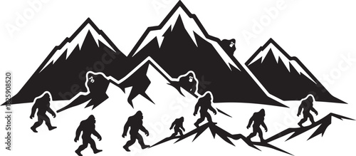 Bigfoot Family Mountain Scene Silhouette – Sasquatch Forest Adventure Art