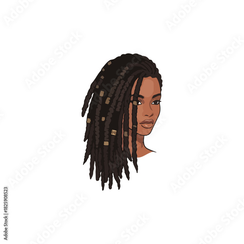 A stylized illustration of a woman with dark skin and long, intricately styled dreadlocks, looking to the side.