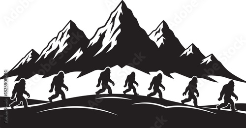 Bigfoot Family Mountain Scene Silhouette – Sasquatch Forest Adventure Art