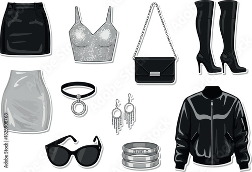 Stylish Collection of Fashionable Apparel and Accessories in Black and Silver