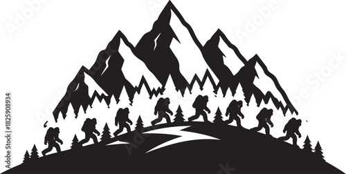 Bigfoot Family Mountain Scene Silhouette – Sasquatch Forest Adventure Art