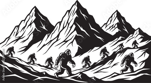 Bigfoot Family Mountain Scene Silhouette – Sasquatch Forest Adventure Art