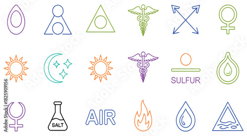 esoteric symbols and alchemy elements, representing ancient wisdom, mystery, spiritual science, metaphysical knowledge, occult traditions, and symbolic rituals, ideal for mystical artwork, educational