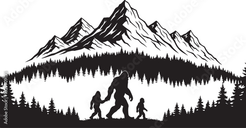 Bigfoot Family Mountain Scene Silhouette – Sasquatch Forest Adventure Art