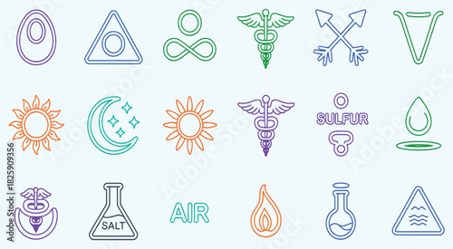 esoteric symbols and alchemy elements representing ancient wisdom, mystical signs, sacred geometry, spiritual transformation icons, and occult knowledge concepts for symbolic illustration and historic