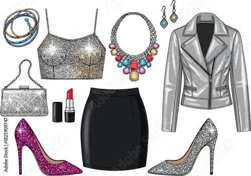 Stylish outfit selection featuring a glittery top and shoes, complemented by a sleek leather jacket