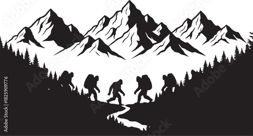 Bigfoot Family Mountain Scene Silhouette – Sasquatch Forest Adventure Art