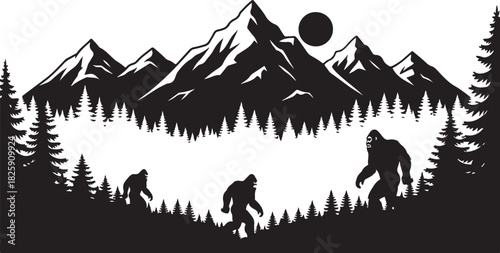 Bigfoot Family Mountain Scene Silhouette – Sasquatch Forest Adventure Art