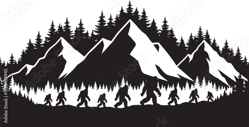 Bigfoot Family Mountain Scene Silhouette – Sasquatch Forest Adventure Art