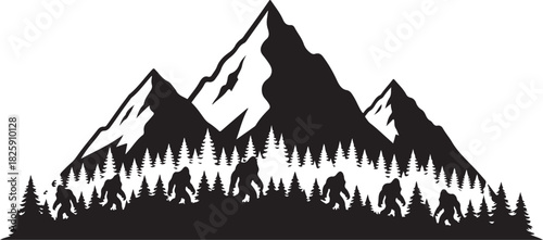 Bigfoot Family Mountain Scene Silhouette – Sasquatch Forest Adventure Art